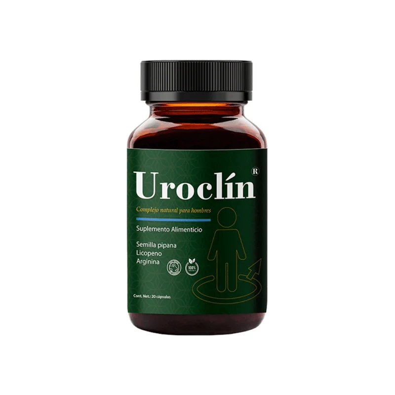 Uroclin, cápsulas de bienestar urinario y de la próstata en México, frasco y caja de 20 cápsulas